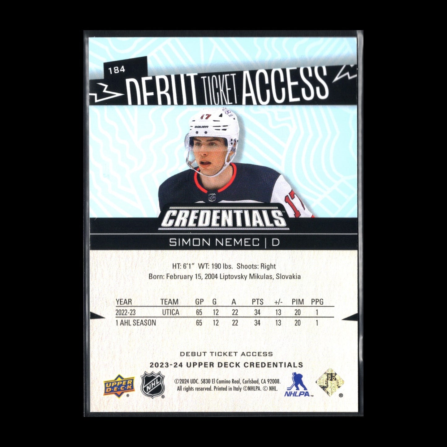 2023-24 UD Credentials SIMON NEMEC #184 Debut Ticket Access RC 136/599