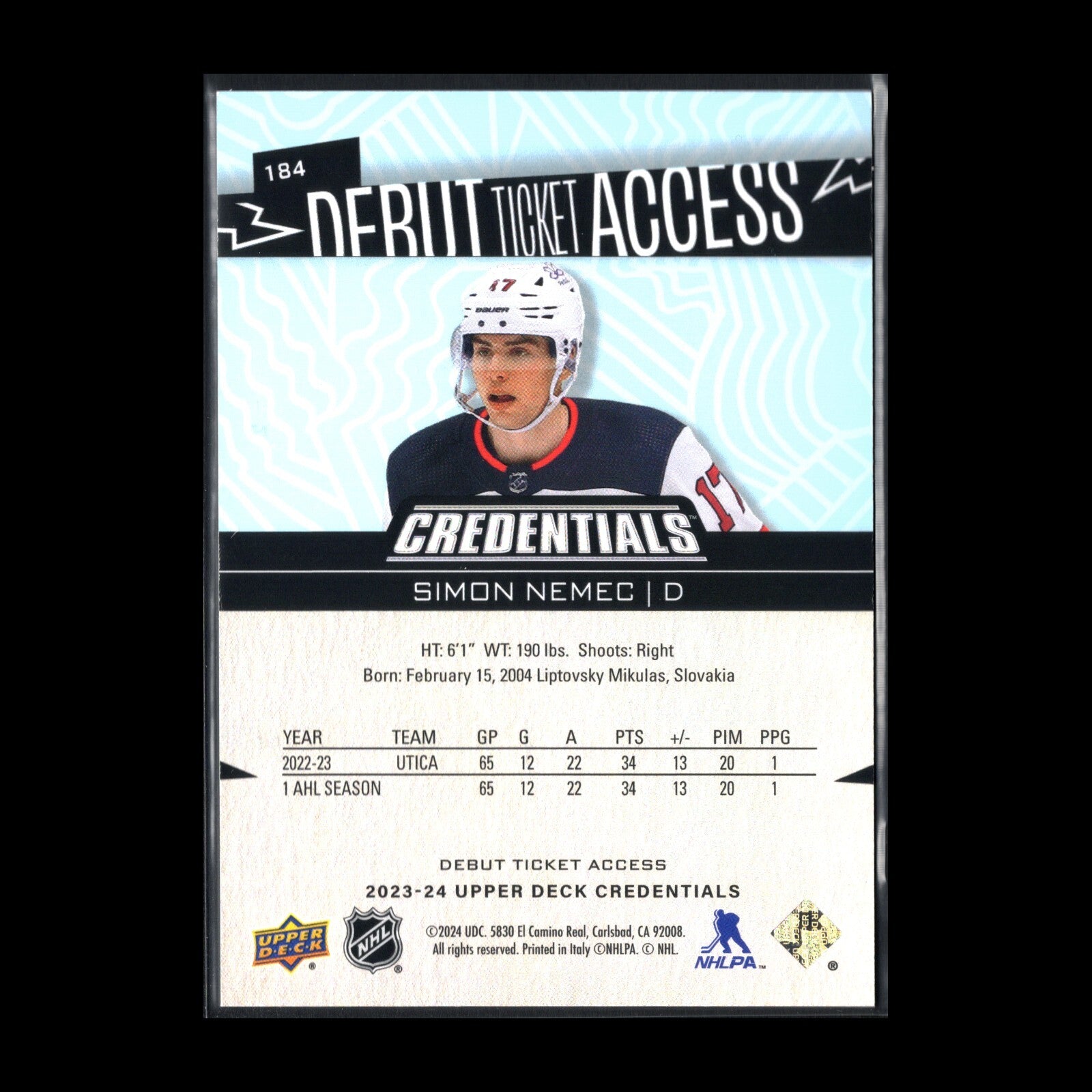 2023-24 UD Credentials SIMON NEMEC #184 Debut Ticket Access RC 136/599