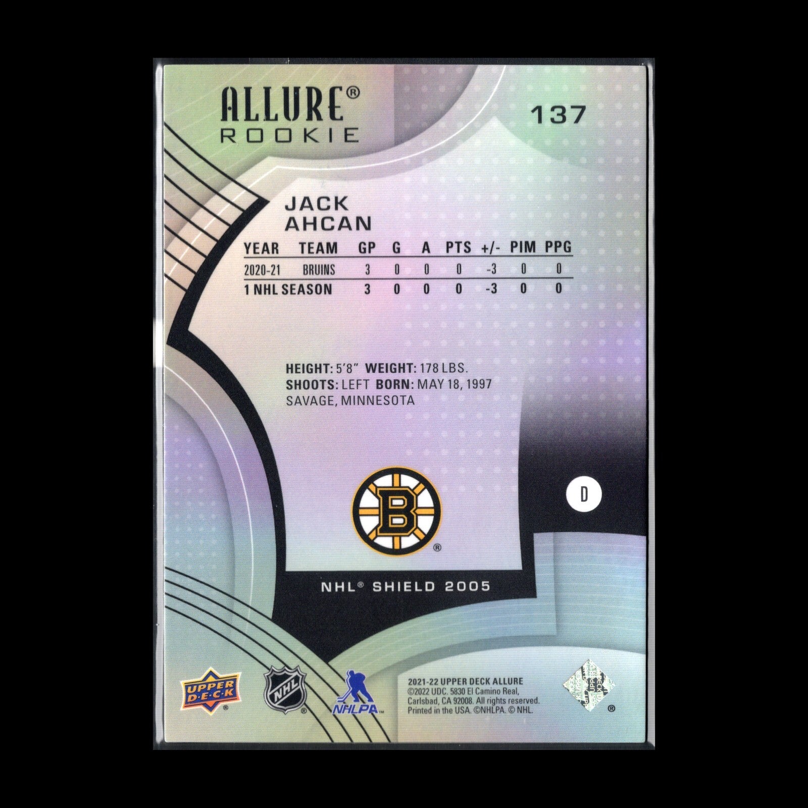 2021-22 UD Allure JACK AHCAN #137 NHL Shield 1917 RC - Boston Bruins