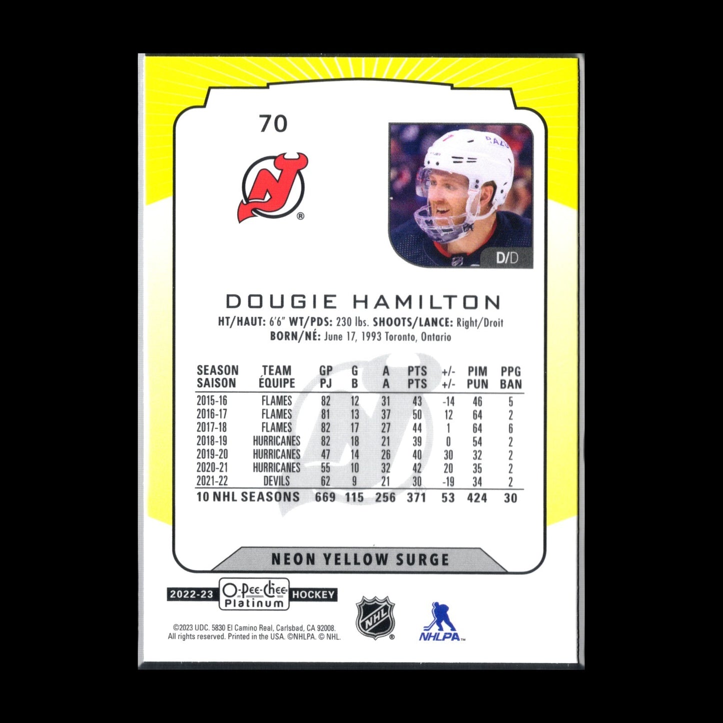 2022-23 O-Pee-Chee Platinum DOUGIE HAMILTON #70 Neon Yellow Surge
