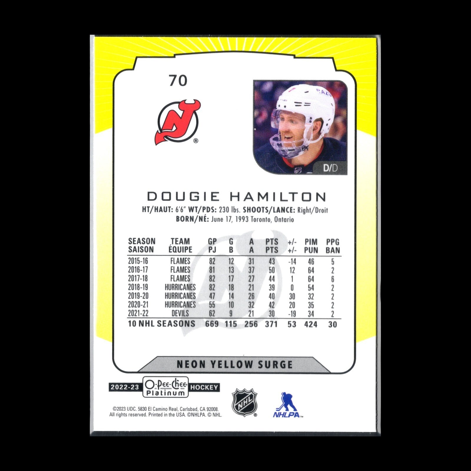 2022-23 O-Pee-Chee Platinum DOUGIE HAMILTON #70 Neon Yellow Surge