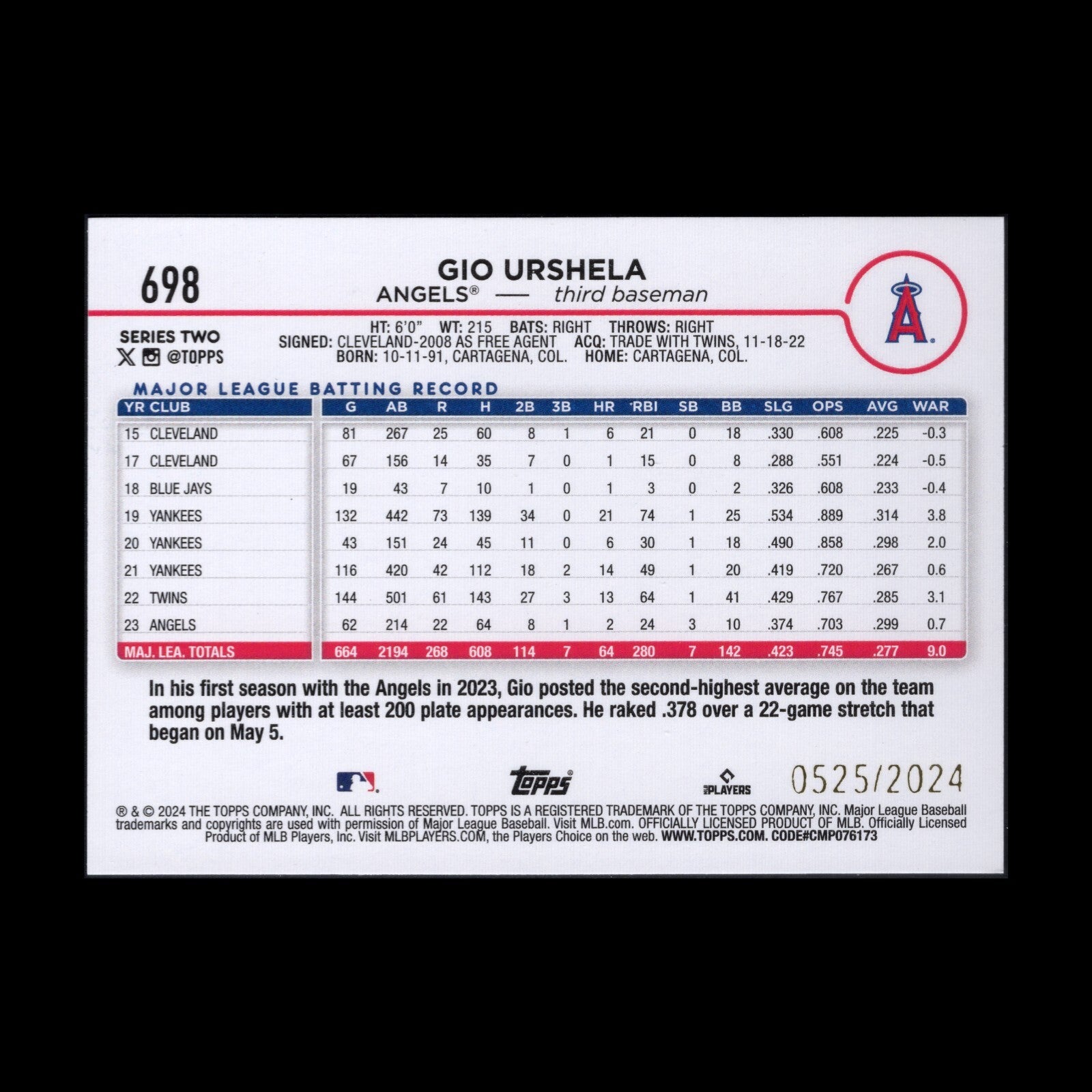 2024 Topps Series 2 GIO URSCHELA #698 Gold /2024 - LA Angels