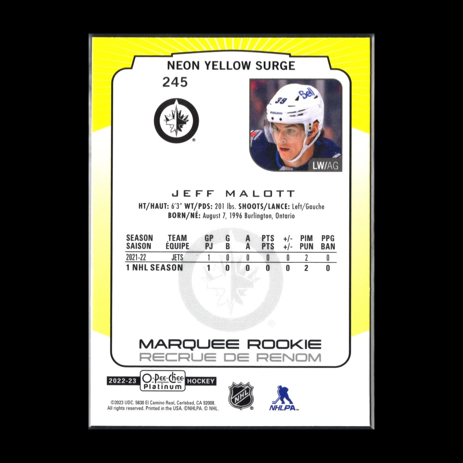 2022-23 O-Pee-Chee Platinum JEFF MALOTT #245 Neon Yellow Surge RC Winnipeg Jets