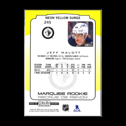 2022-23 O-Pee-Chee Platinum JEFF MALOTT #245 Neon Yellow Surge RC Winnipeg Jets