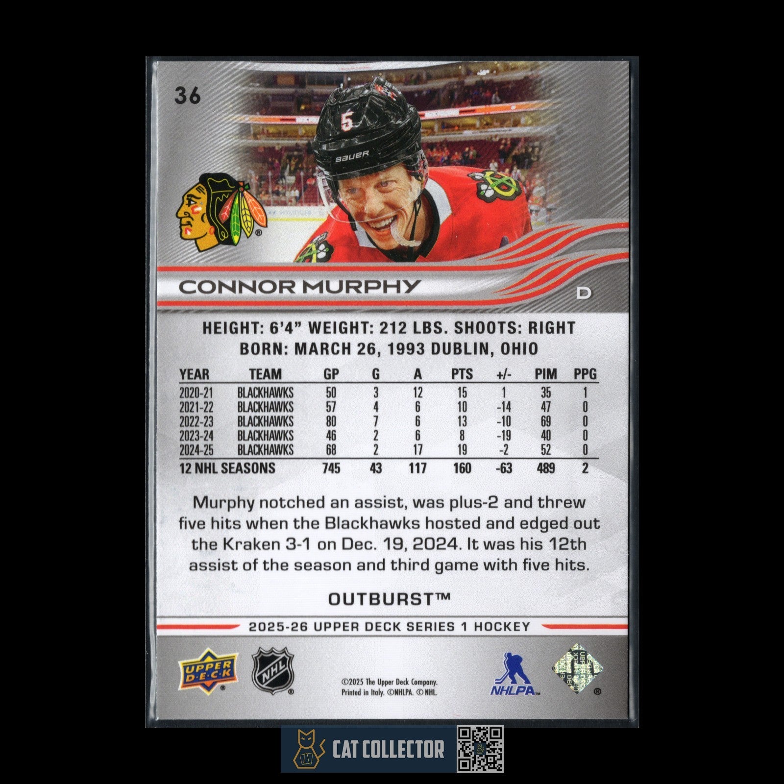 2025-26 UD Series 1 CONNOR MURPHY #36 Outburst - Chicago Blackhawks