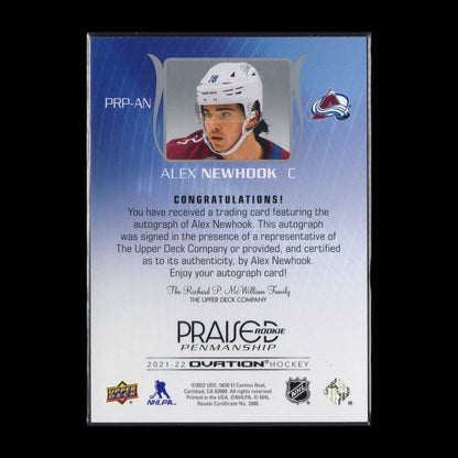 2021-22 UD Ovation ALEX NEWHOOK #PRP-AN Praised Rookie Penmenship RC Auto