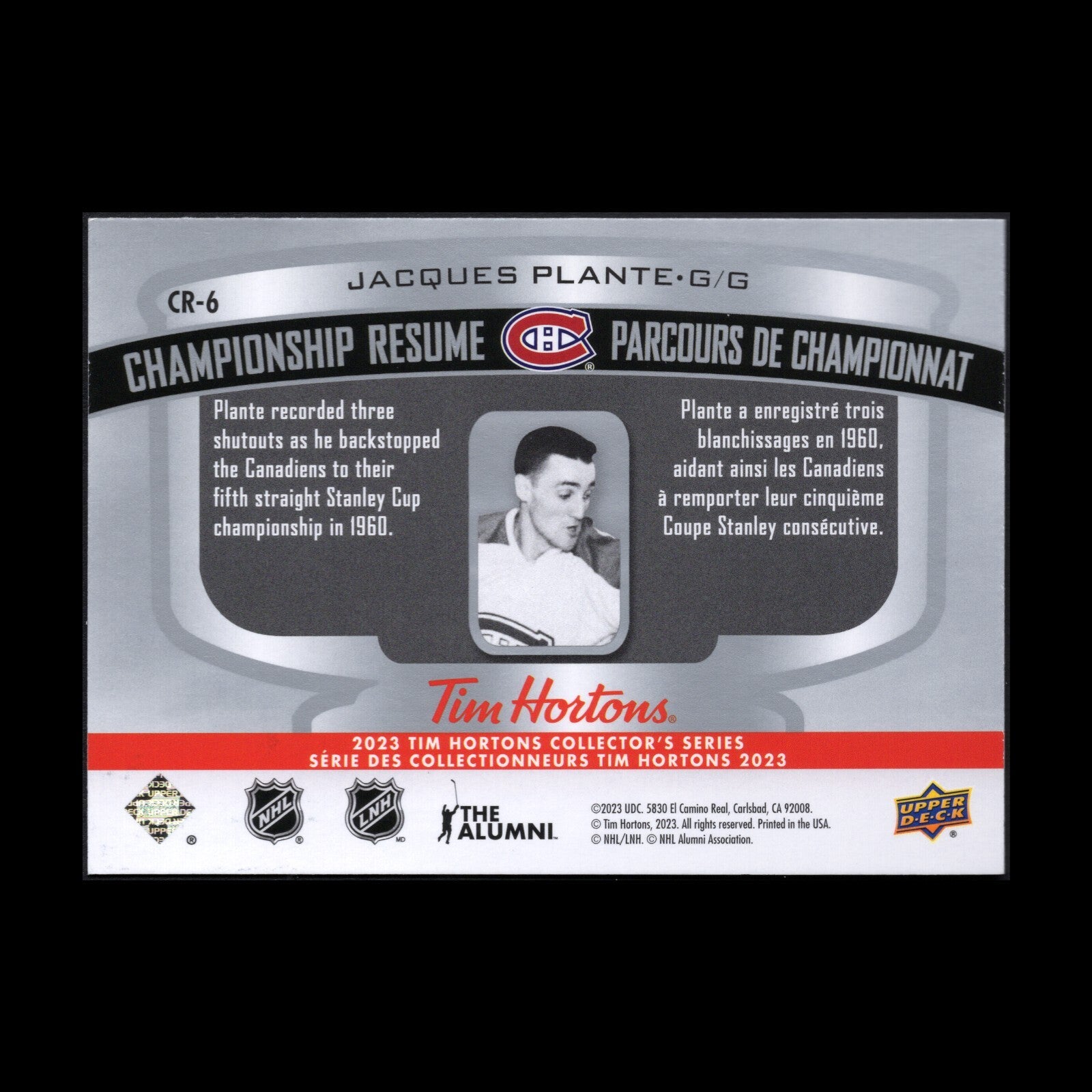 2023 UD Tim Hortons JACQUES PLANTE #CR-6 Championship Resume - MTL Canadiens