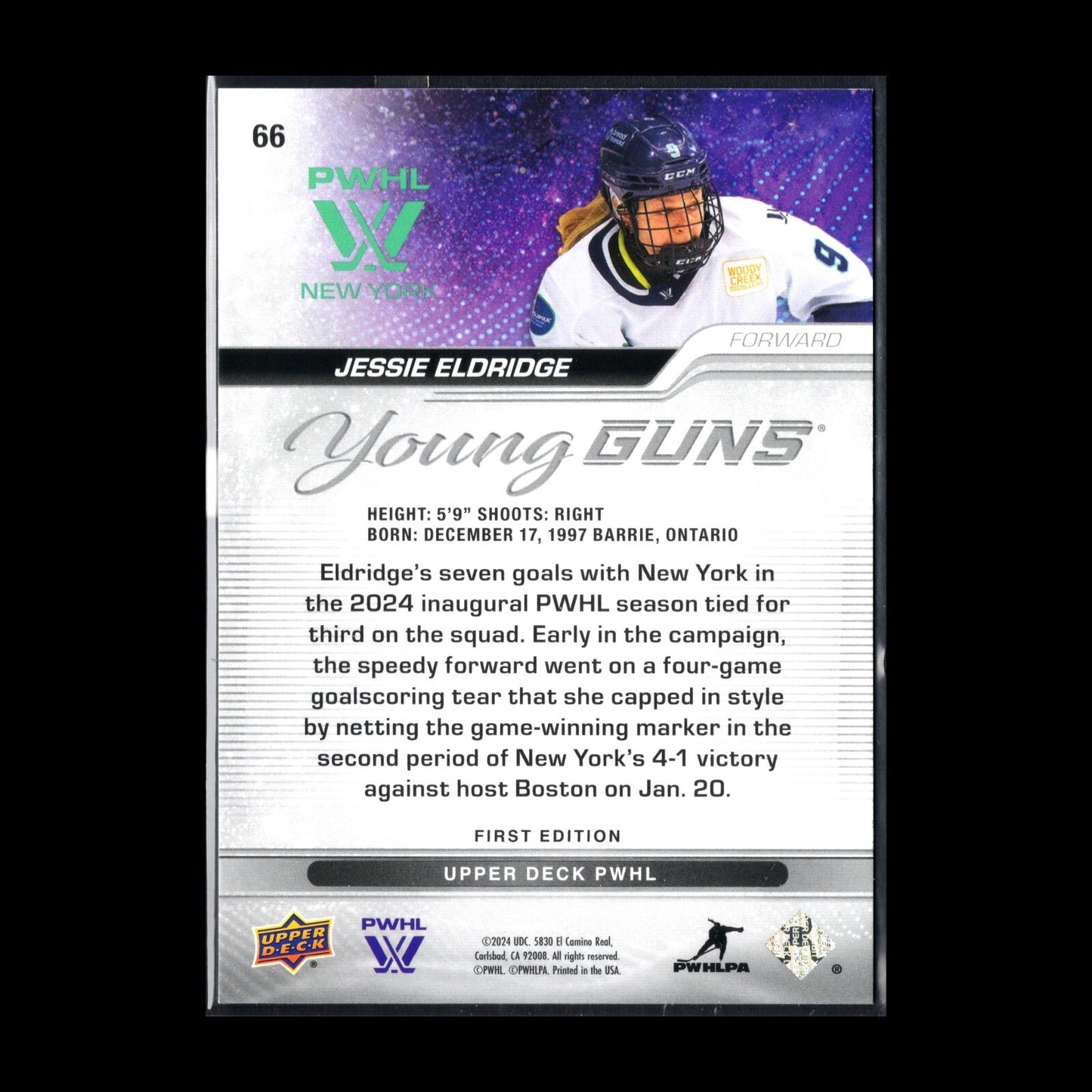 2024-25 UD PWHL JESSIE ELDRIDGE #66 Young guns RC - New York - 1st EDITION!