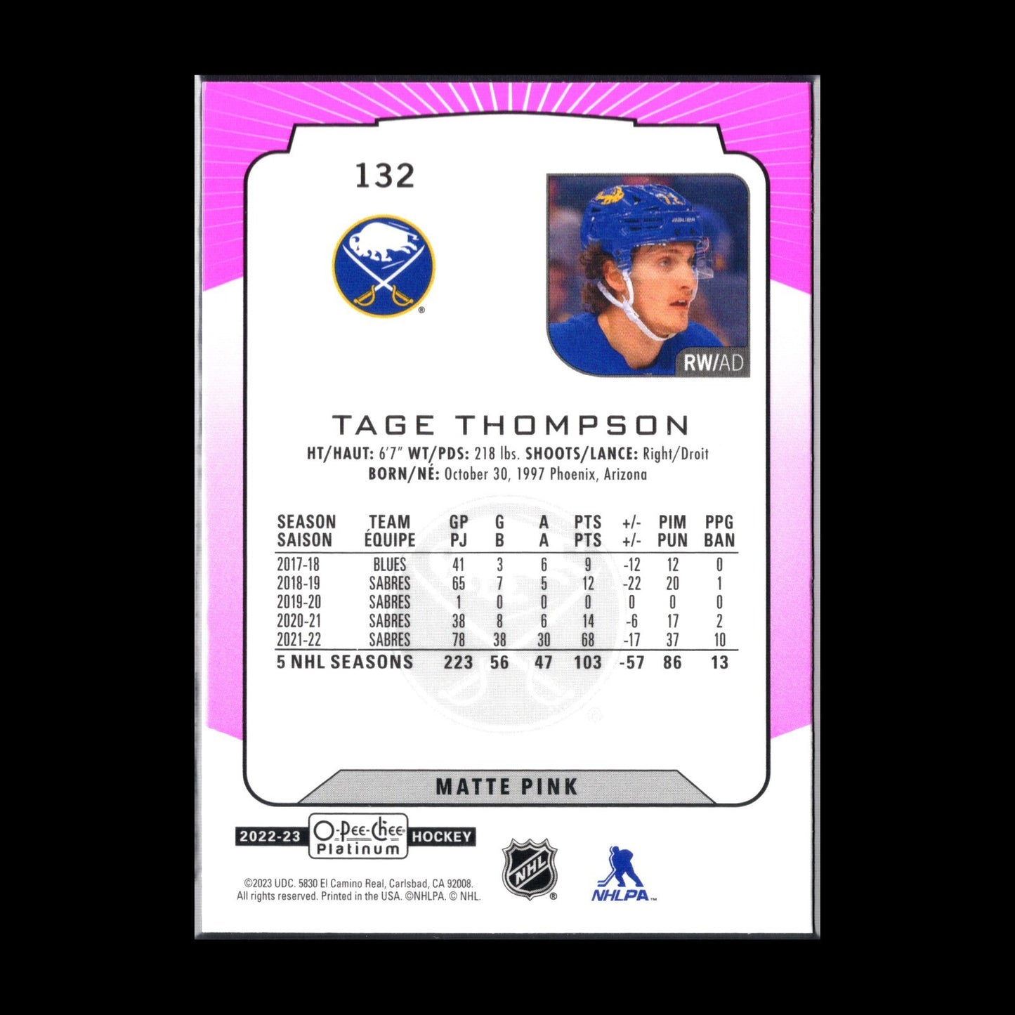 2022-23 O-Pee-Chee Platinum TAGE THOMPSON #132 Matte Pink - Buffalo Sabres