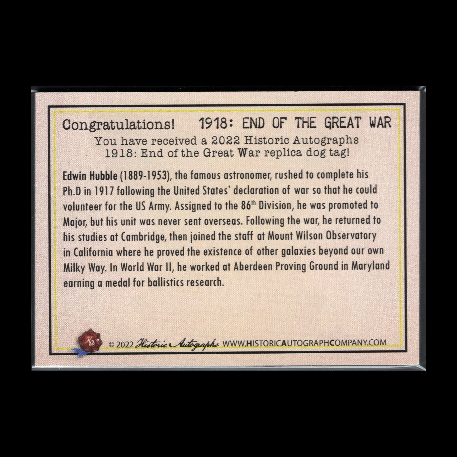 2022 HA 1918: End of the Great War EDWIN HUBBLE # Replica dog tag Limited to 49