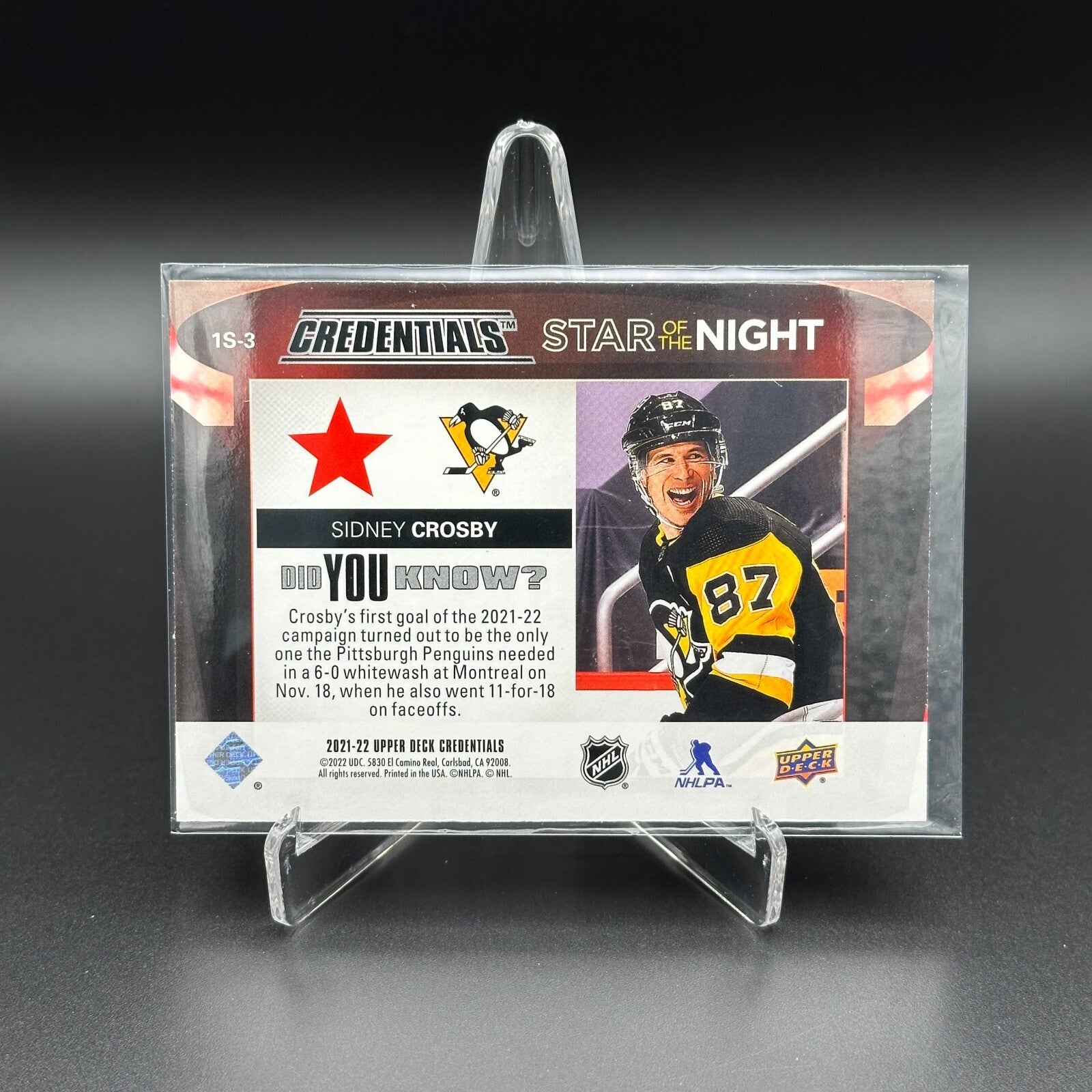 2021-22 UD Credentials SIDNEY CROSBY #1S-3 First Star of the Night