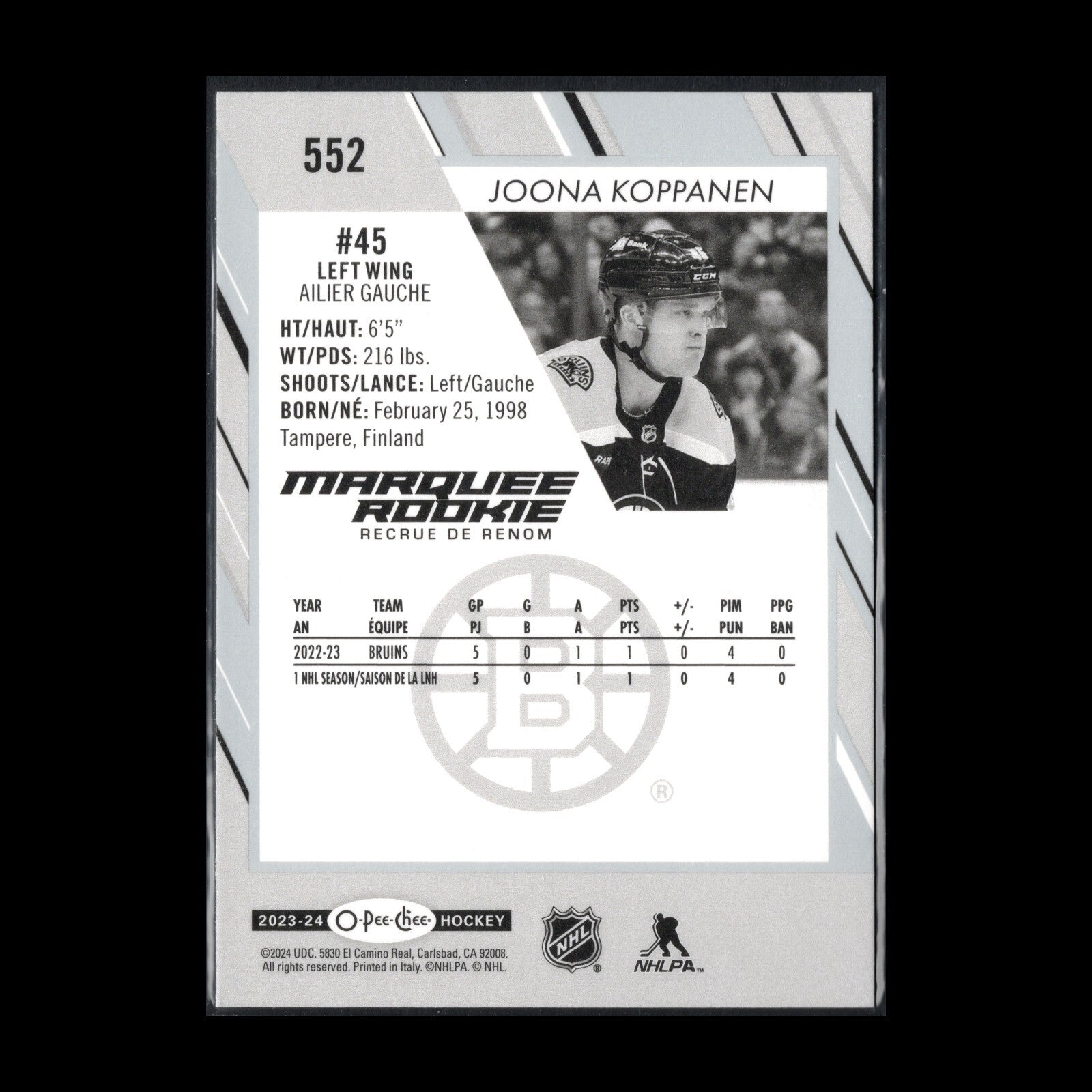2023-24 O-Pee-Chee JOONA KOPPANEN #552 Marquee rookie RC - Boston Bruins