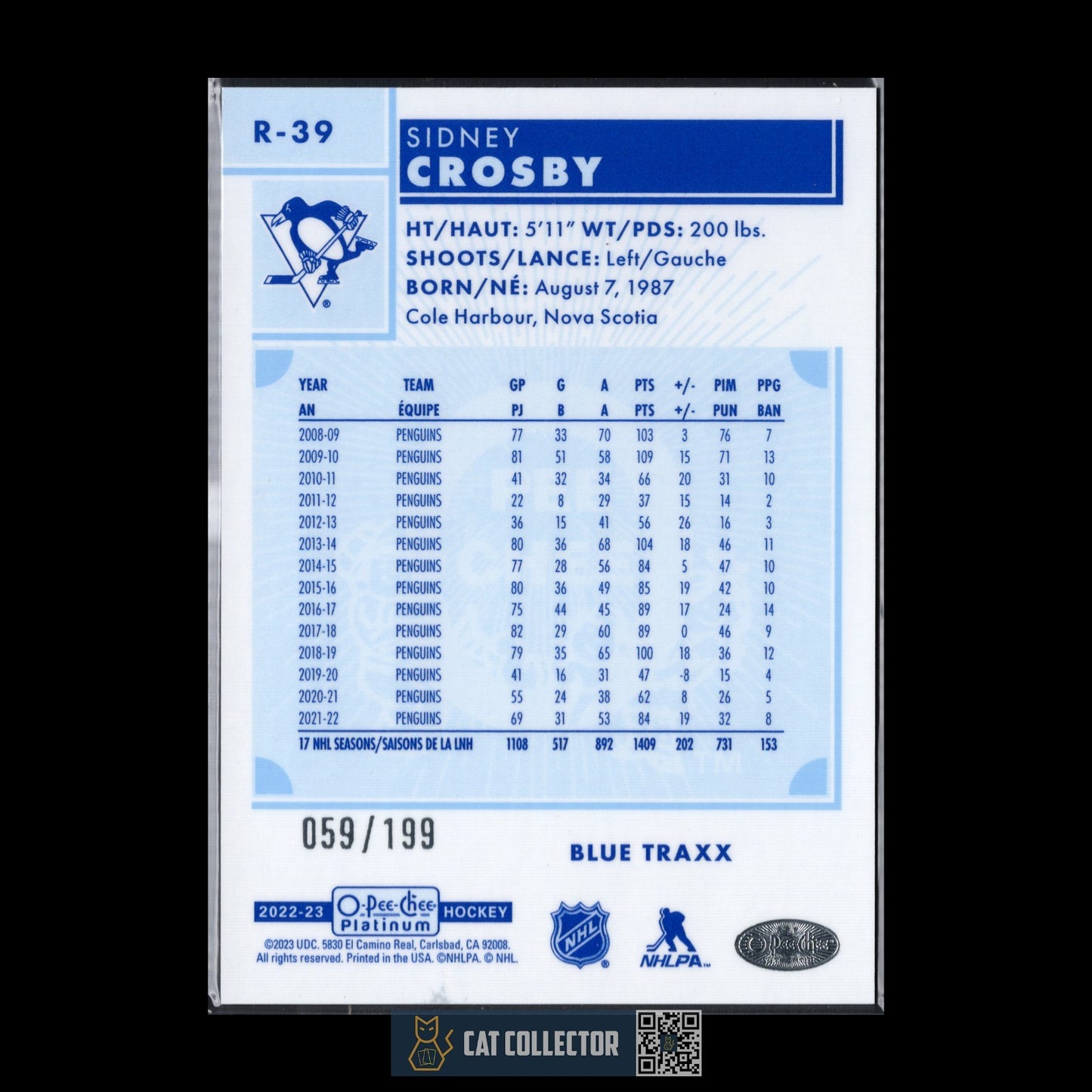 2022-23 O-Pee-Chee Platinum SIDNEY CROSBY #R-39 Blue Traxx /199 SP