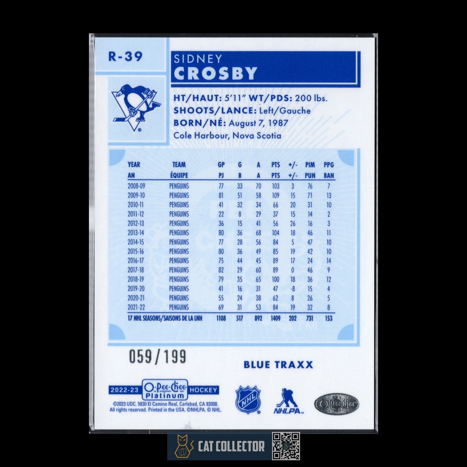 2022-23 O-Pee-Chee Platinum SIDNEY CROSBY #R-39 Blue Traxx /199 SP