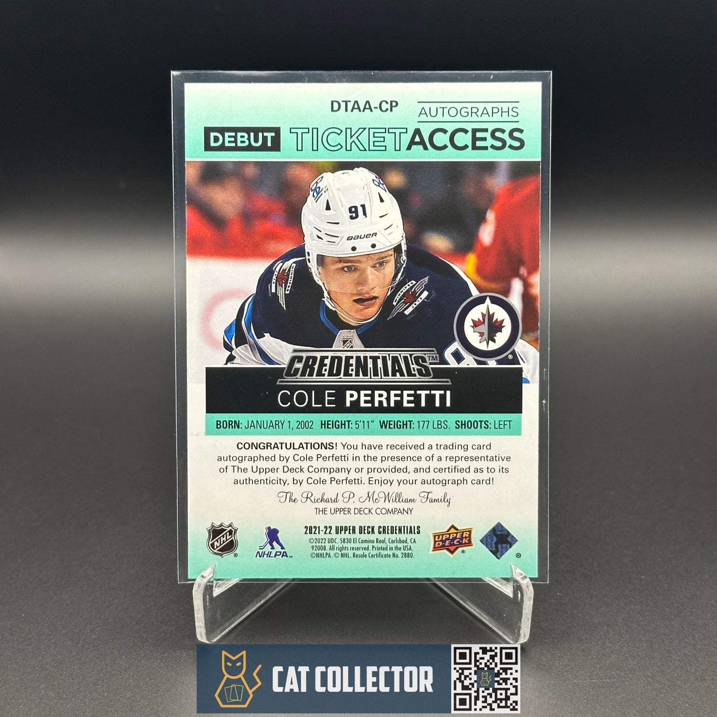2021-22 UD Credentials COLE PERFETTI #DTAA-CP Debut Ticket Access AUTO /25 RC