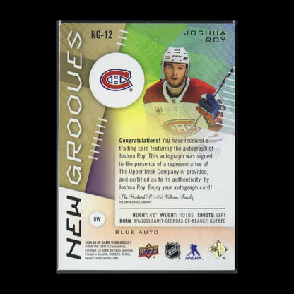 2024-25 UD SP Game Used JOSHUA ROY #NG-12 New Grooves Blue AUTO Rookie RC