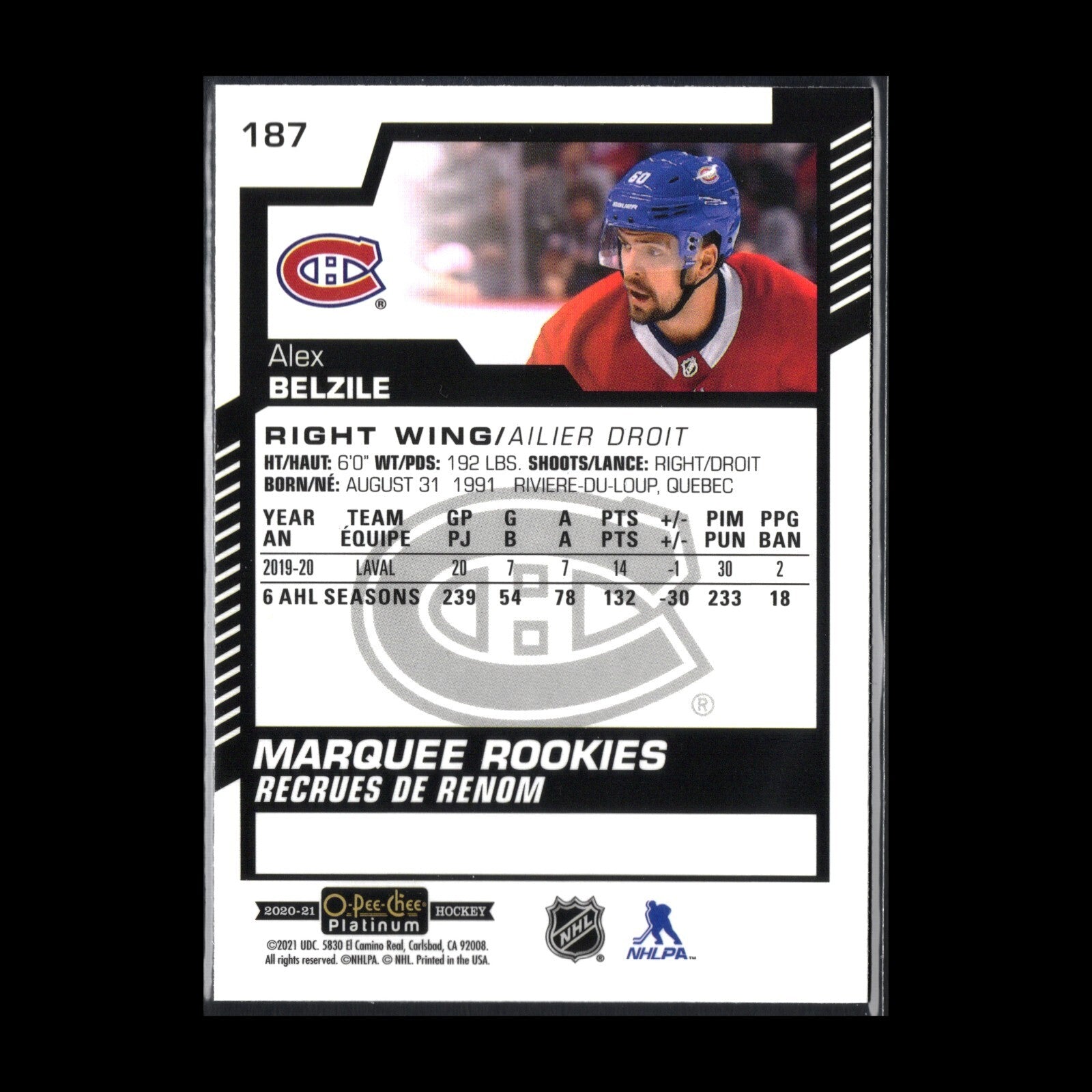 2020-21 O-Pee-Chee Platinum ALEX BELZILE #187 Marquee Rookie RC - MTL Canadiens