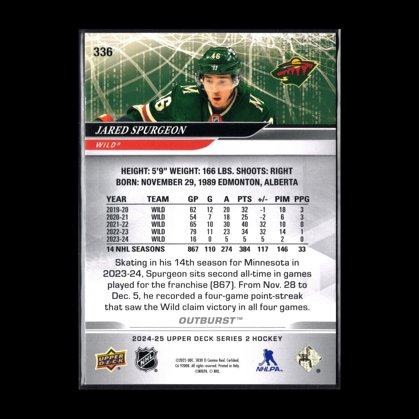 2024-25 UD Series 2 JARED SPURGEON #336 Outburst - Minnesota Wild