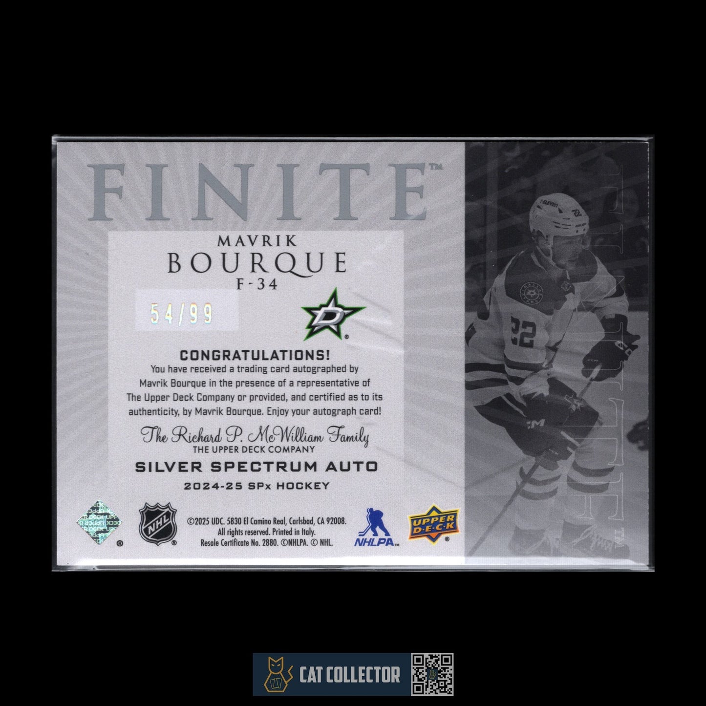 2024-25 UD SPx MAVRIK BOURQUE #F-34 Silver Spectrum Auto RC /99