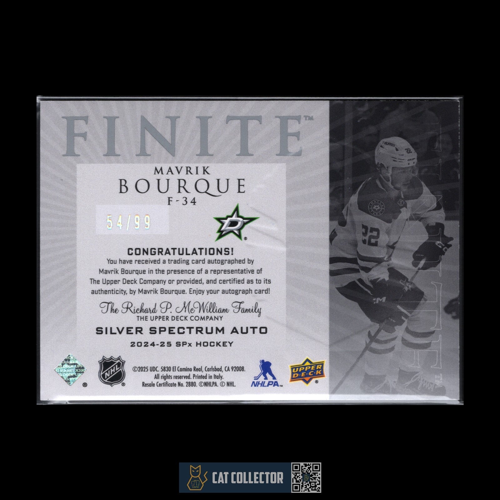 2024-25 UD SPx MAVRIK BOURQUE #F-34 Silver Spectrum Auto RC /99