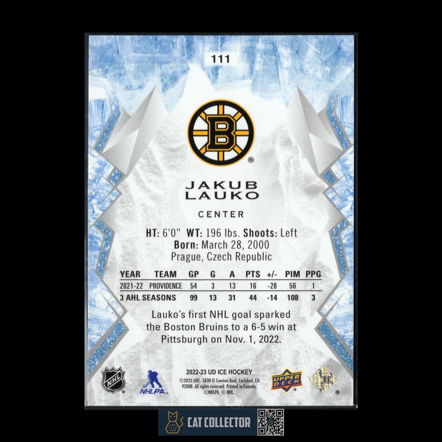2022-23 UD Ice JAKUB LAUKO #111 Rookie RC - Boston Bruins