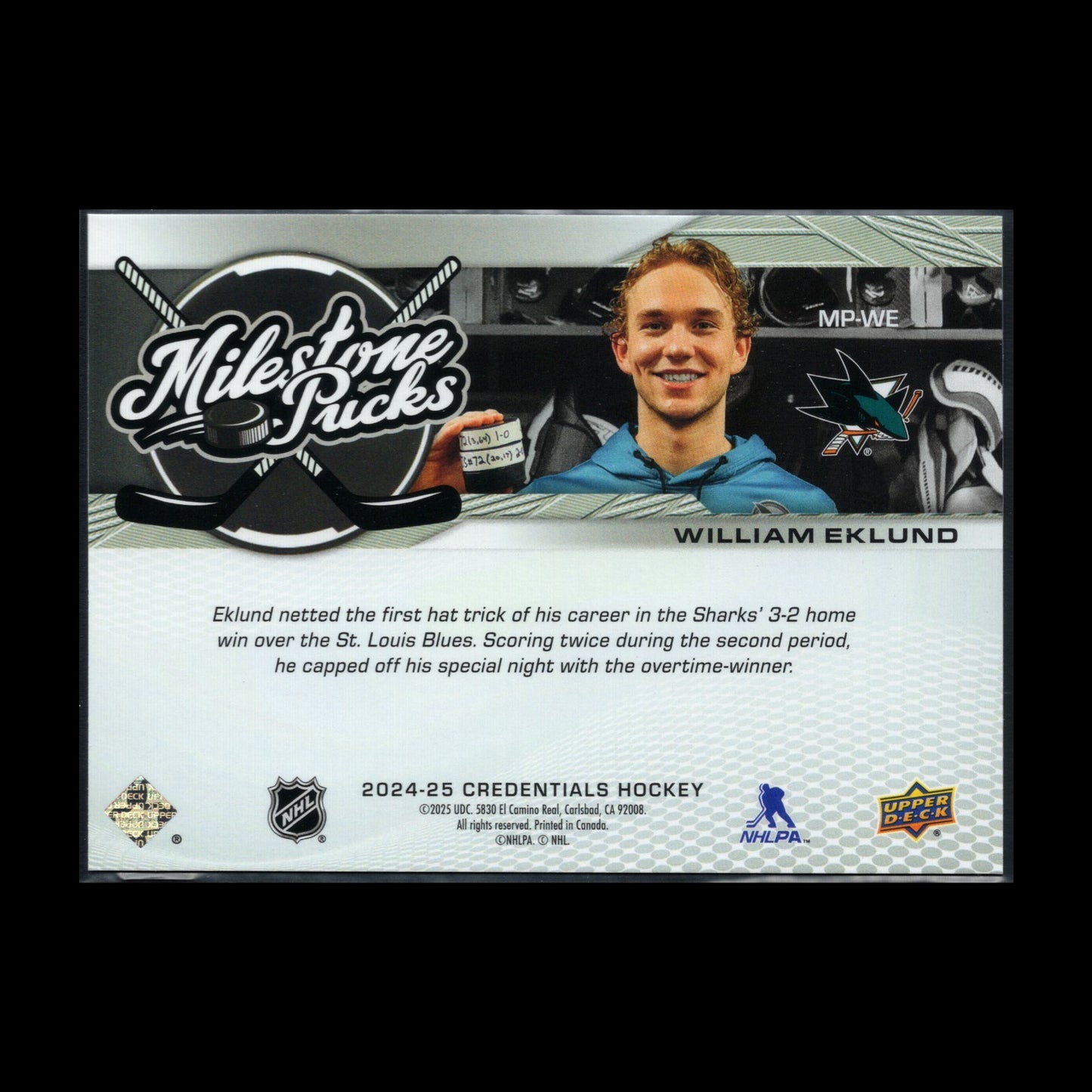 2024-25 UD Credentials WILLIAM EKLUND #MP-WE Milestone Pucks