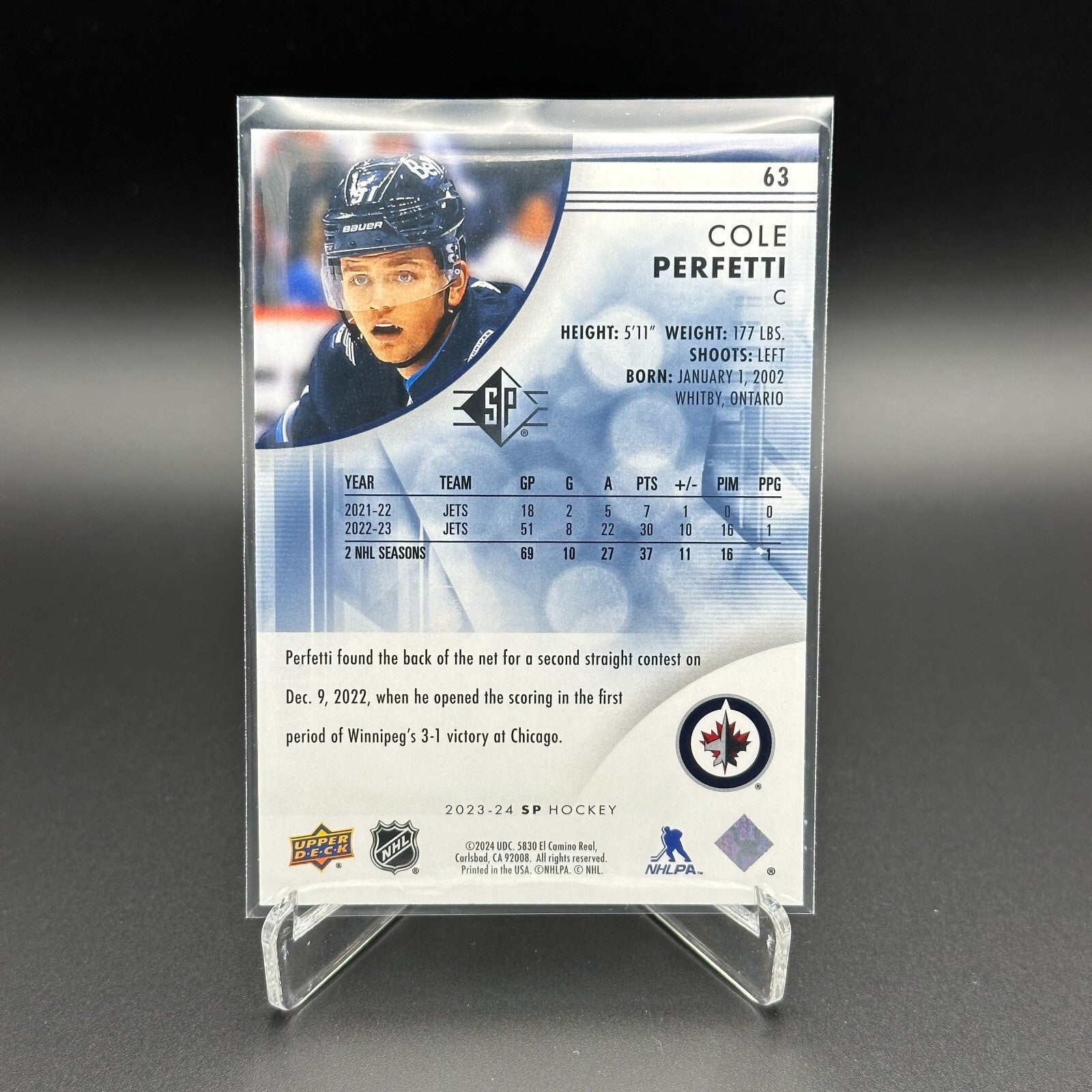 2023-24 UD SP Authentic COLE PERFETTI #63 Blue parallel - Winnipeg Jets