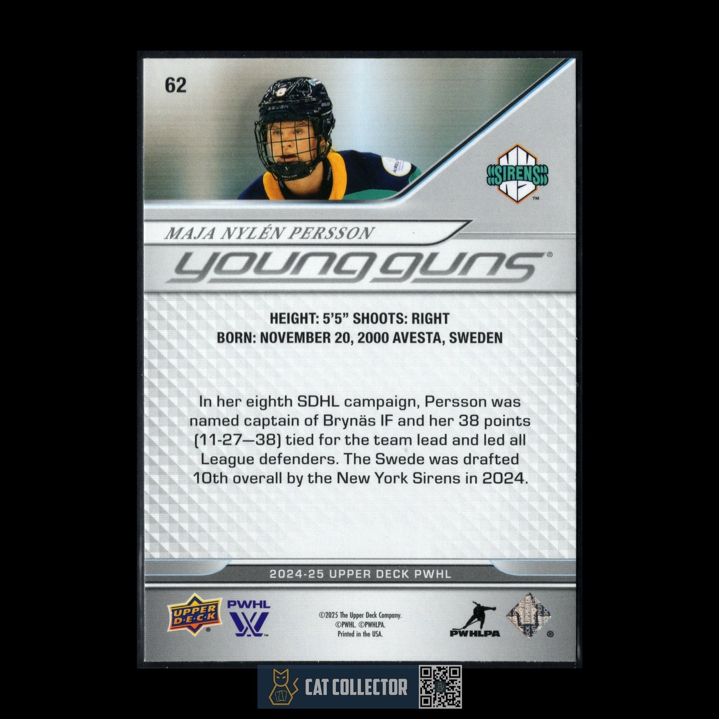 2024-25 UD PWHL MAJA NYLEN PERSSON #62 Young Guns Rookie - New York Sirens