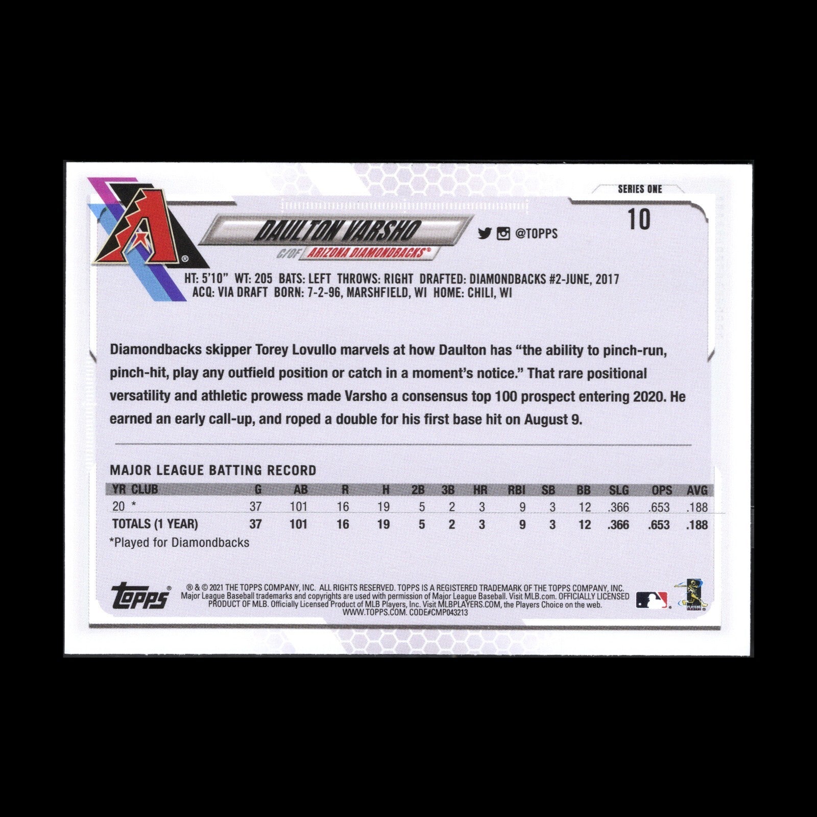 2021 Topps Series 1 DAULTON VARSHO #10 Rookie RC - Arizona Diamondbacks