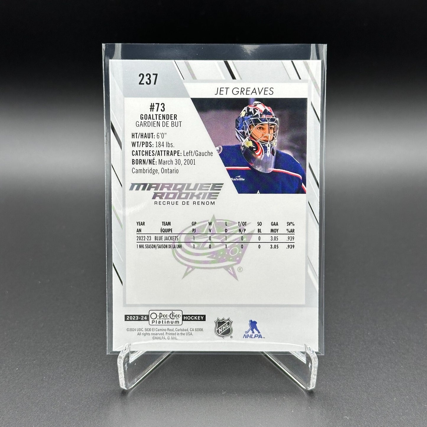 2023-24 OPC Platinum JET GREAVES #237 Marquee rookie RC - Columbus Blue Jackets