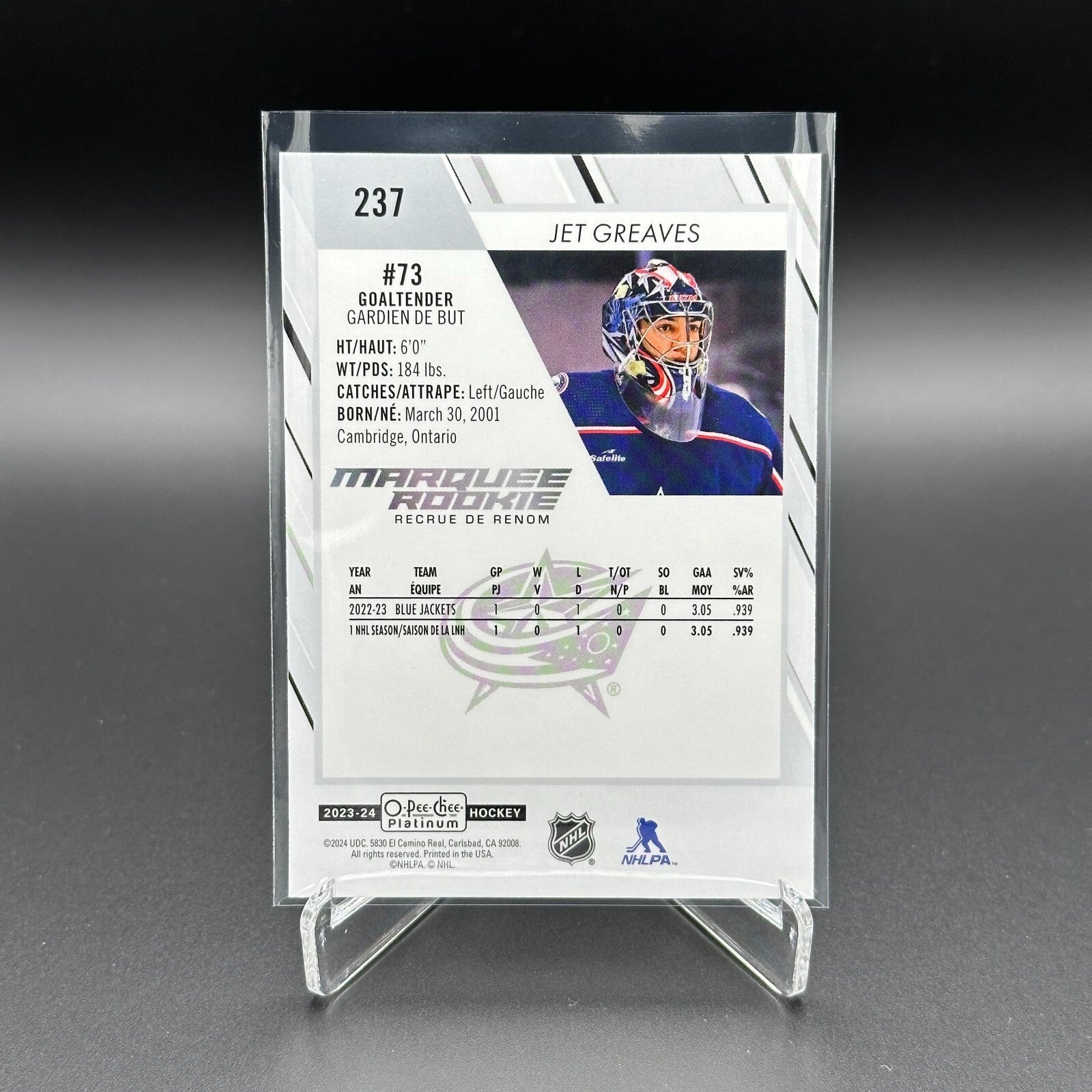 2023-24 OPC Platinum JET GREAVES #237 Marquee rookie RC - Columbus Blue Jackets