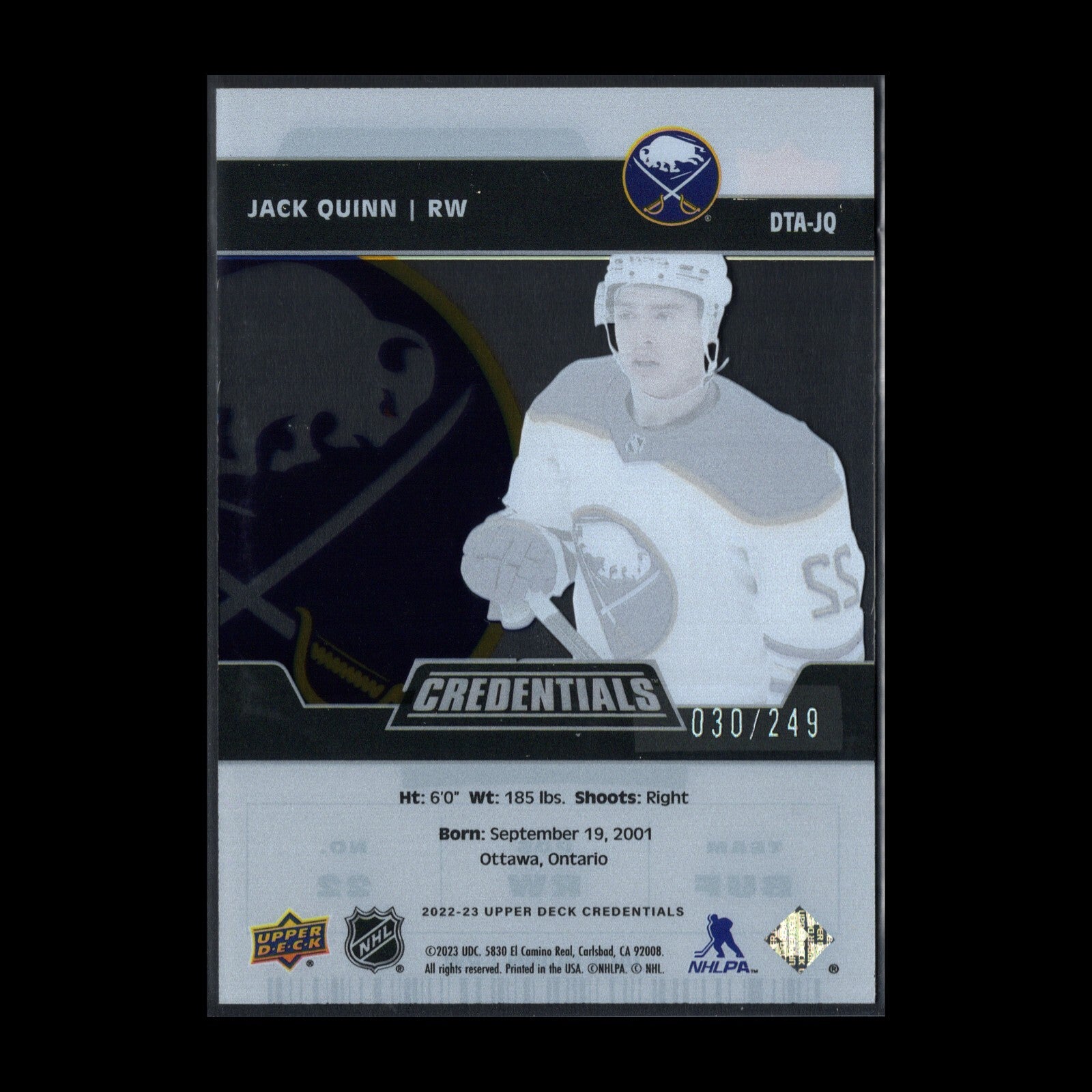 2022-23 UD Credentials JACK QUINN #DTA-JQ Debut Ticket Access Acetate /249