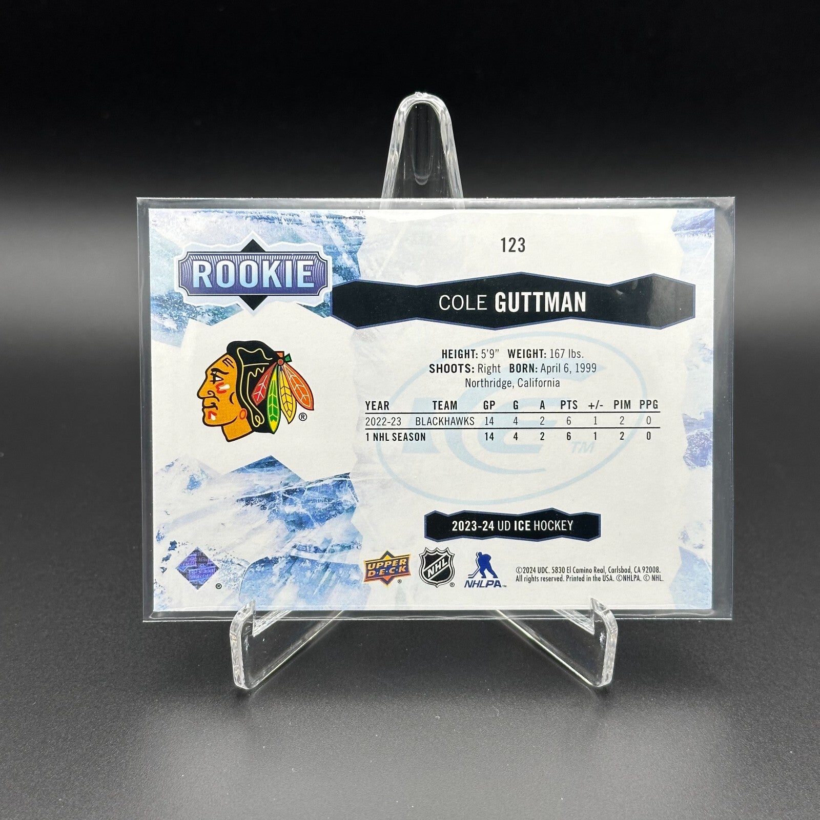 2023-24 UD Ice COLE GUTTMAN #123 Purple Rookie RC - Chicago Blackhawks