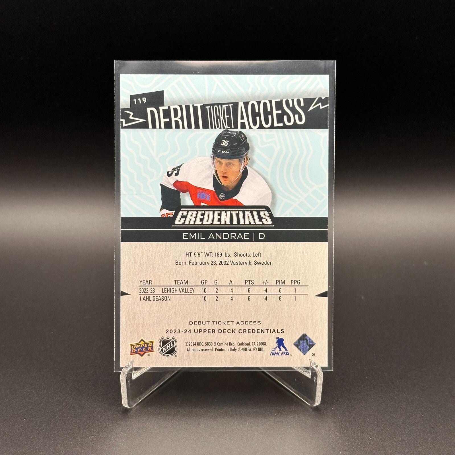 2023-24 UD Credentials EMIL ANDRAE #119 Debut Ticket Access Rookie RC /999