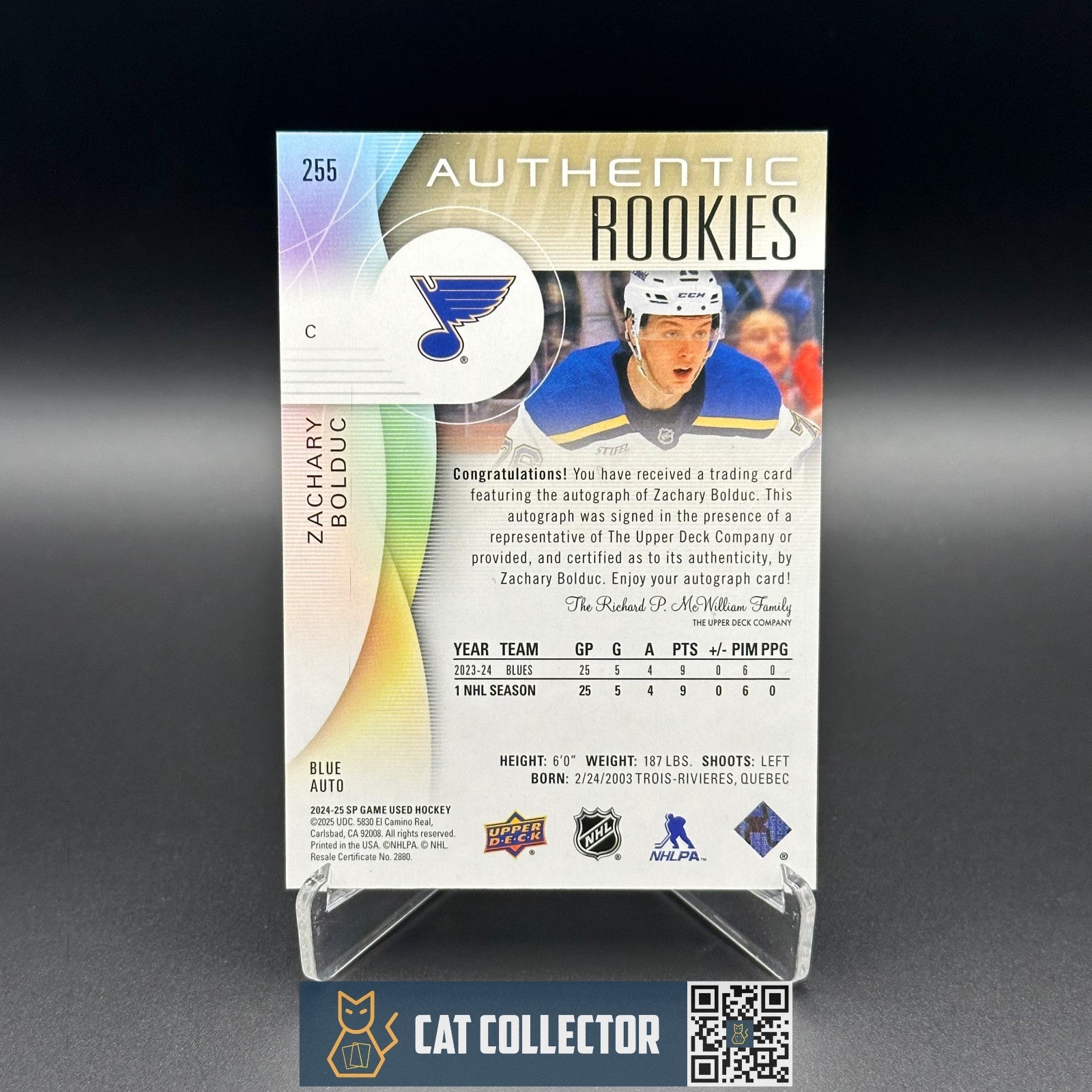 2024-25 UD SP Game Used ZACHARY BOLDUC #255 Blue AUTO Rookie RC