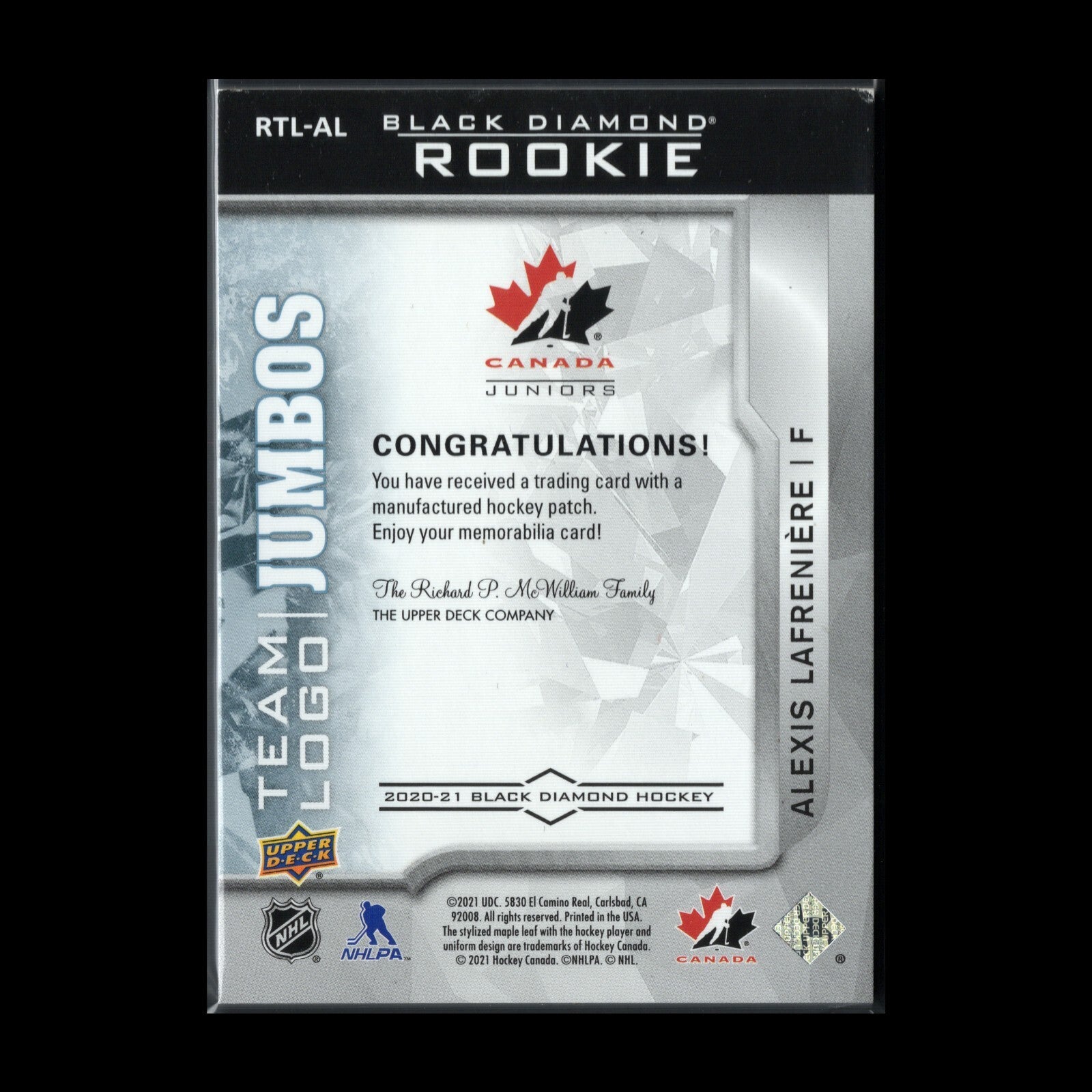 2020-21 UD Black Diamond ALEXIS LAFRENIERE #RTL-AL Team Logo Jumbo - Canada