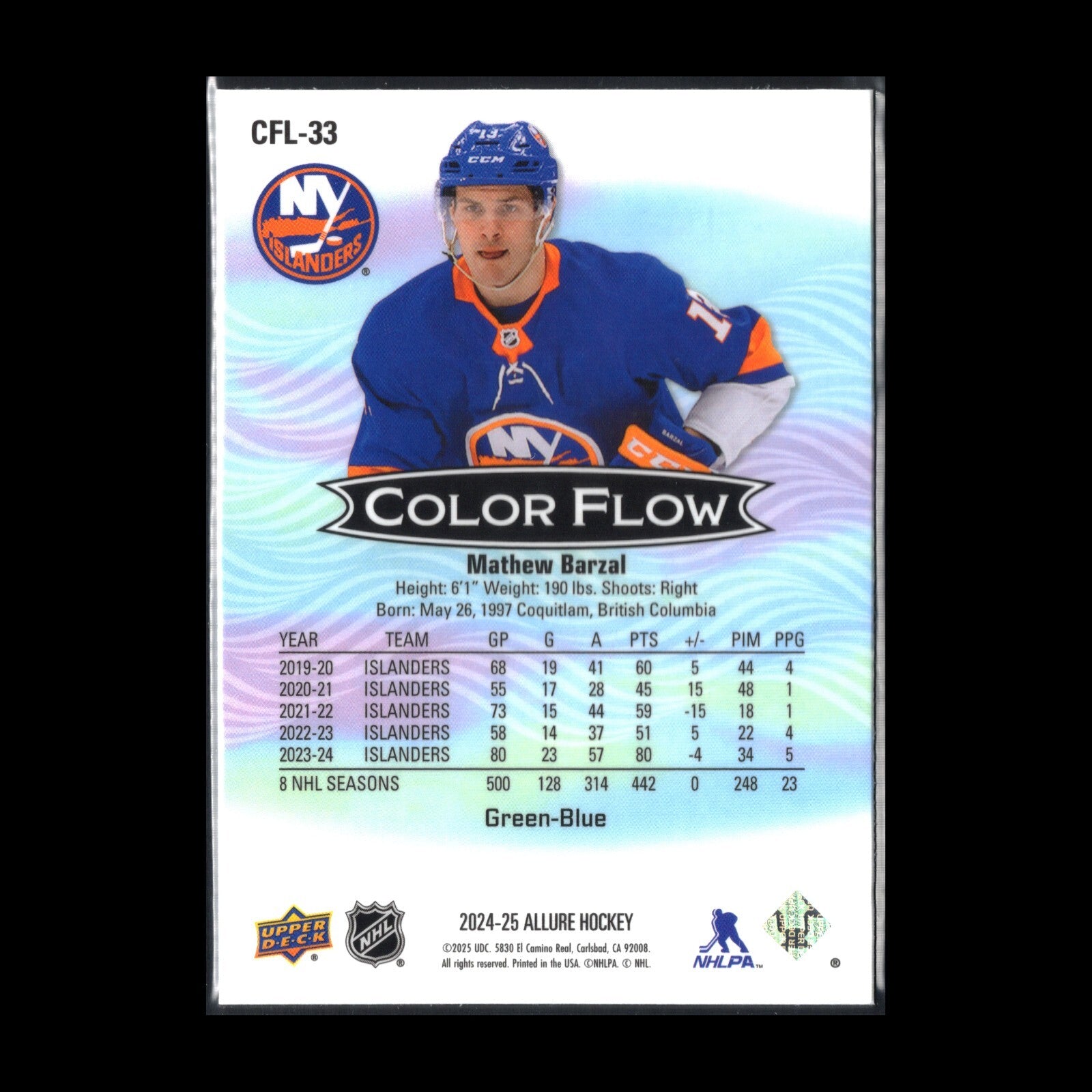 2024-25 UD Allure MATHEW BARZAL #CFL-33 Color Flow Green-Blue - NY Islanders