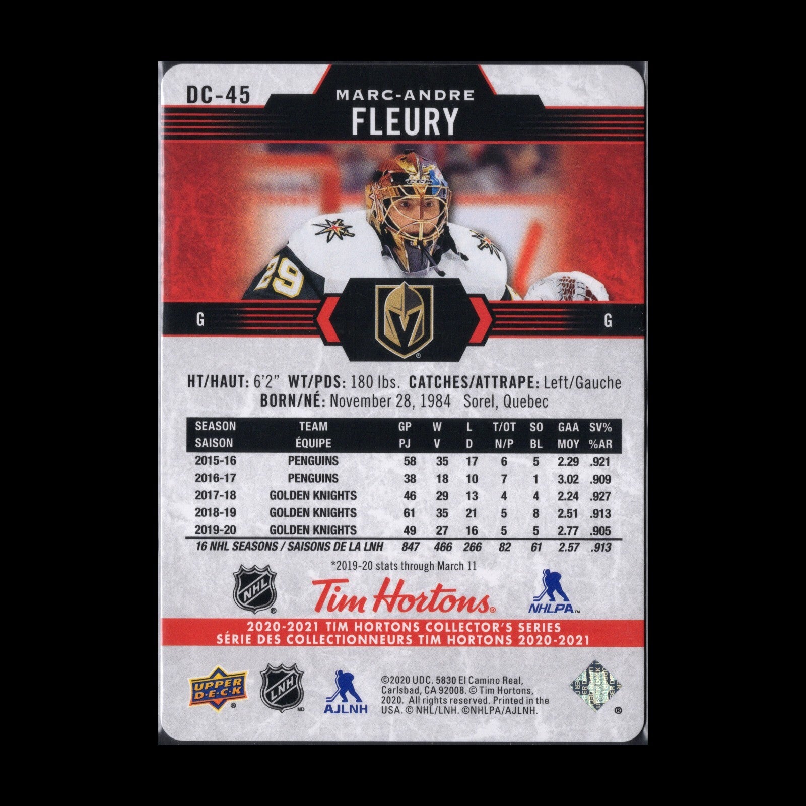 2020-21 UD Tim Hortons MARC-ANDRE FLEURY #DC-45 Red Die Cut Vegas Golden Knights