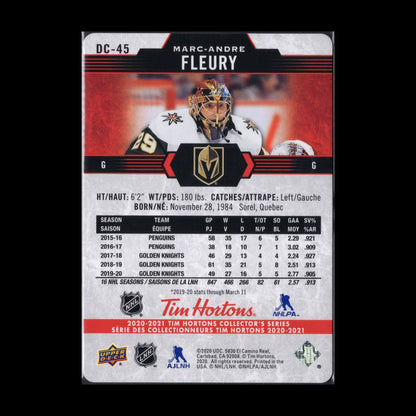 2020-21 UD Tim Hortons MARC-ANDRE FLEURY #DC-45 Red Die Cut Vegas Golden Knights