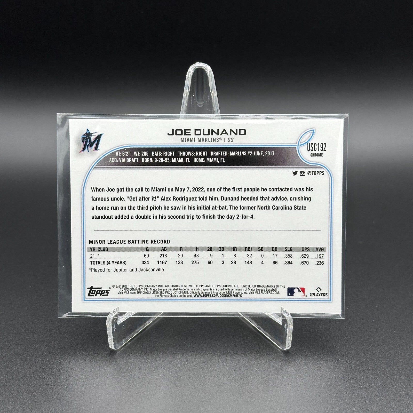 2022 Topps Chrome Updated Series JOE DUNAND #USC192 Purple Border Parallel