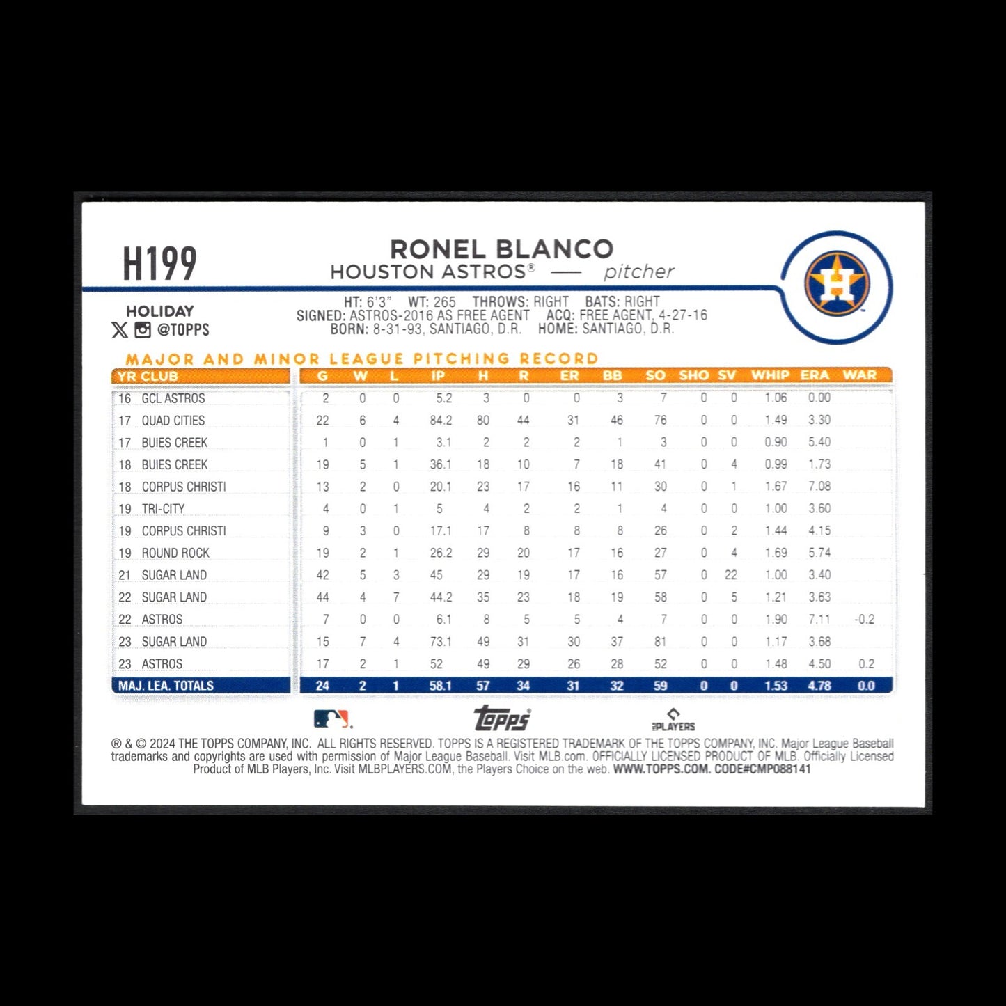 2024 Topps Holiday RONEL BLANCO #H199 Holiday Tree RC - Houston Astros