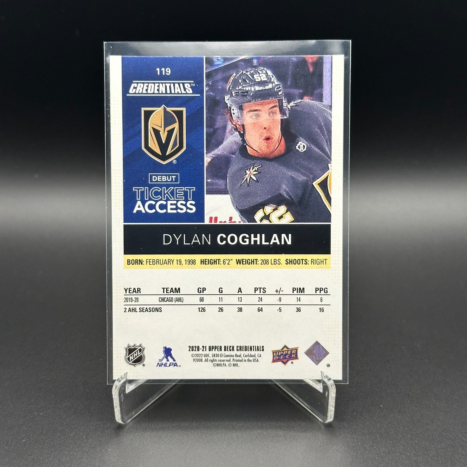 2020-21 UD Credentials DYLAN COGHLAN #119 Debut Ticket Access Yellow RC /249