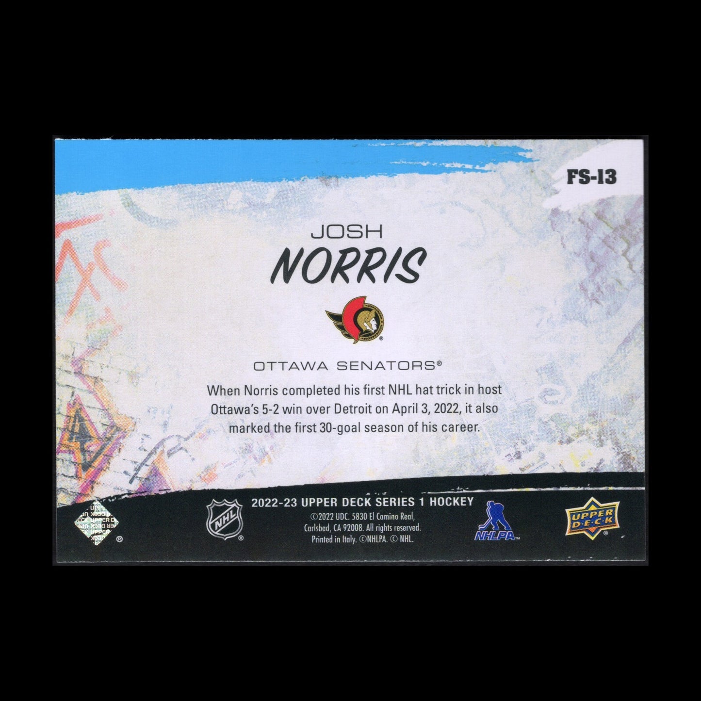 2022-23 UD Series 1 JOSH NORRIS #FS-13 Free styles Blue parallel Ottawa Senators