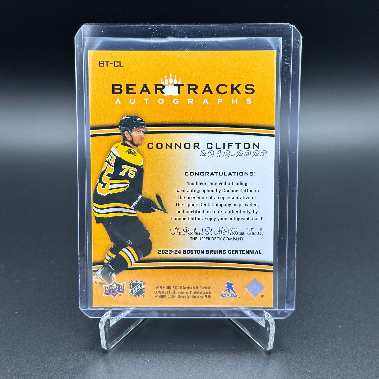 2023-24 UD Boston Bruins Centennial CONNOR CLIFTON #BT-CL Bear Tracks Autograph