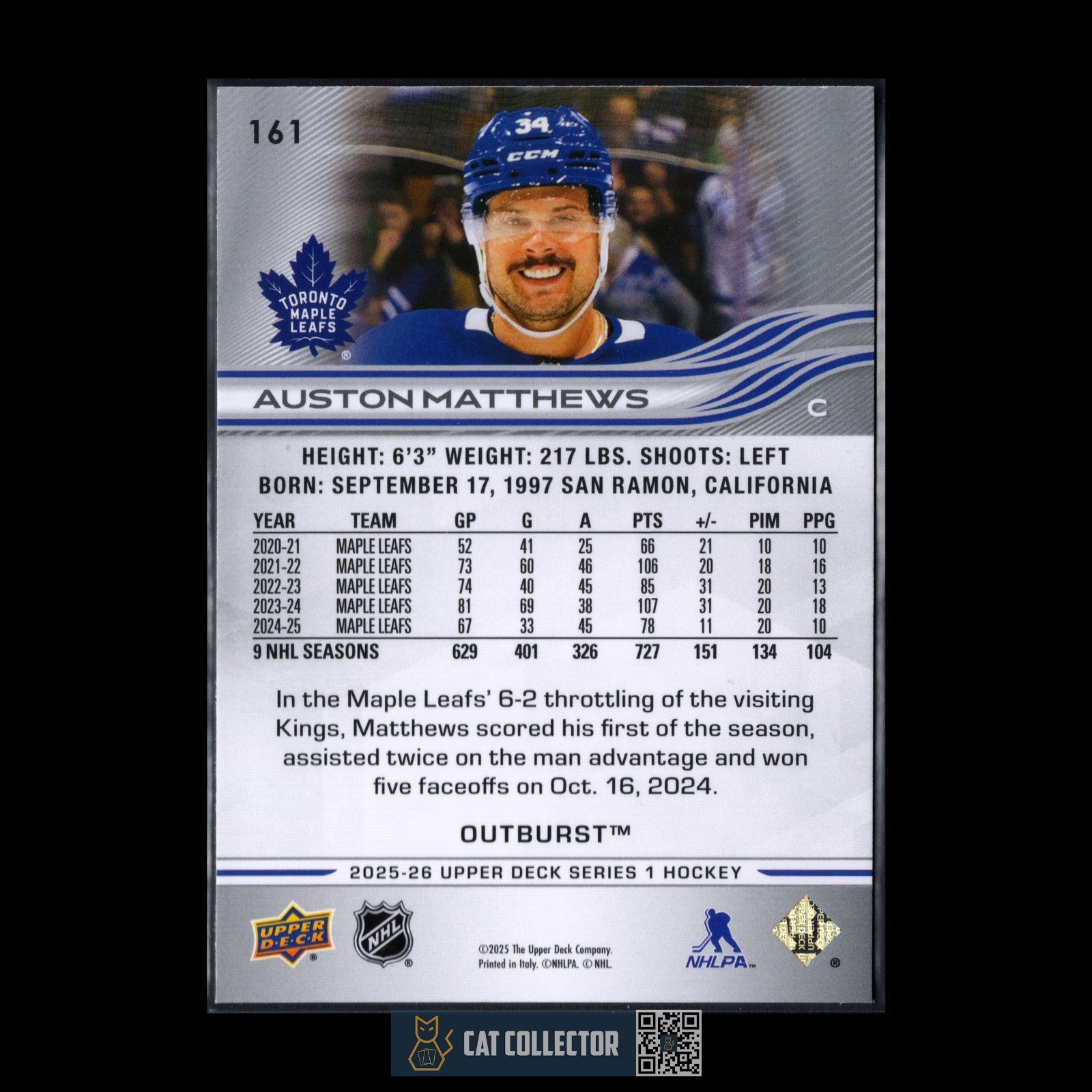 2025-26 UD Series 1 AUSTON MATTHEWS #161 Outburst - Toronto Maple Leafs