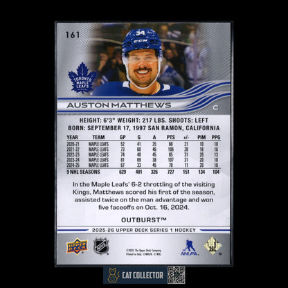 2025-26 UD Series 1 AUSTON MATTHEWS #161 Outburst - Toronto Maple Leafs