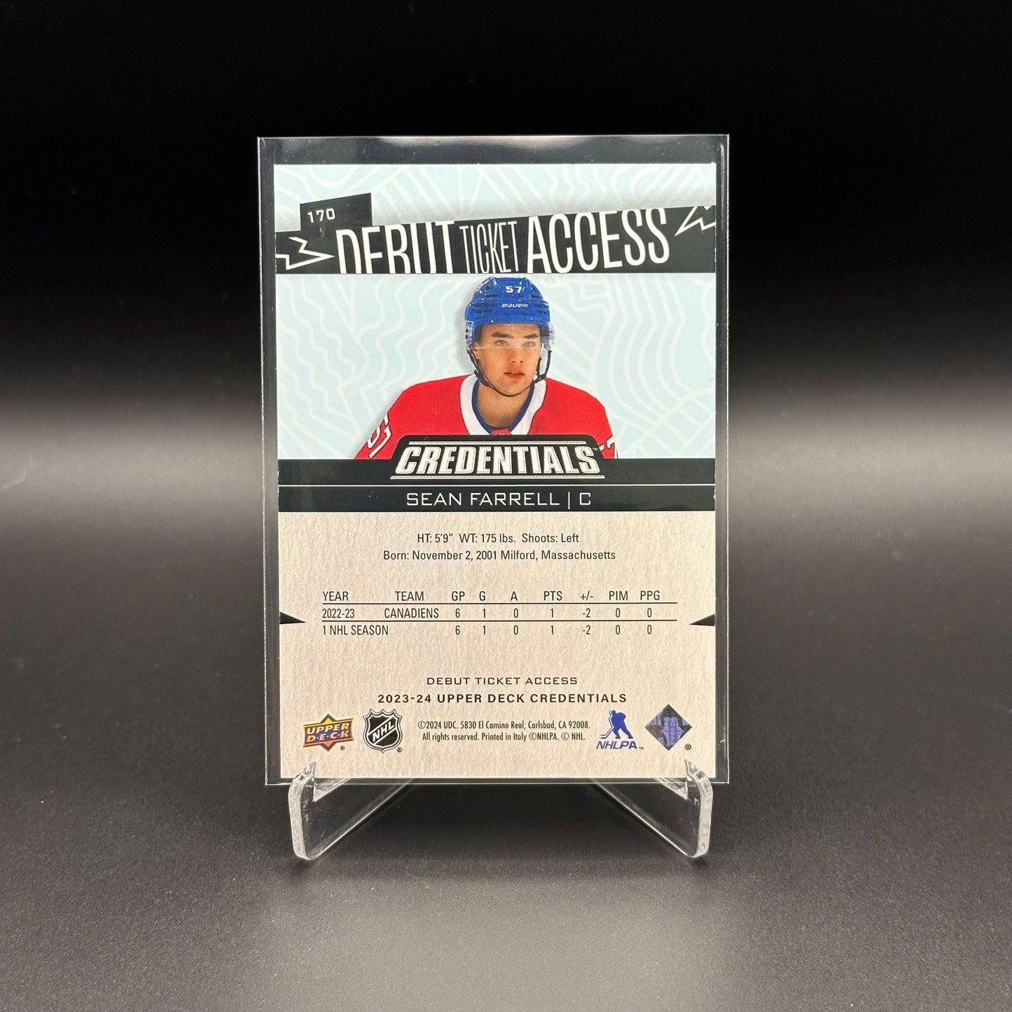 2023-24 UD Credentials SEAN FARRELL #170 Debut Ticket Access /799 RC