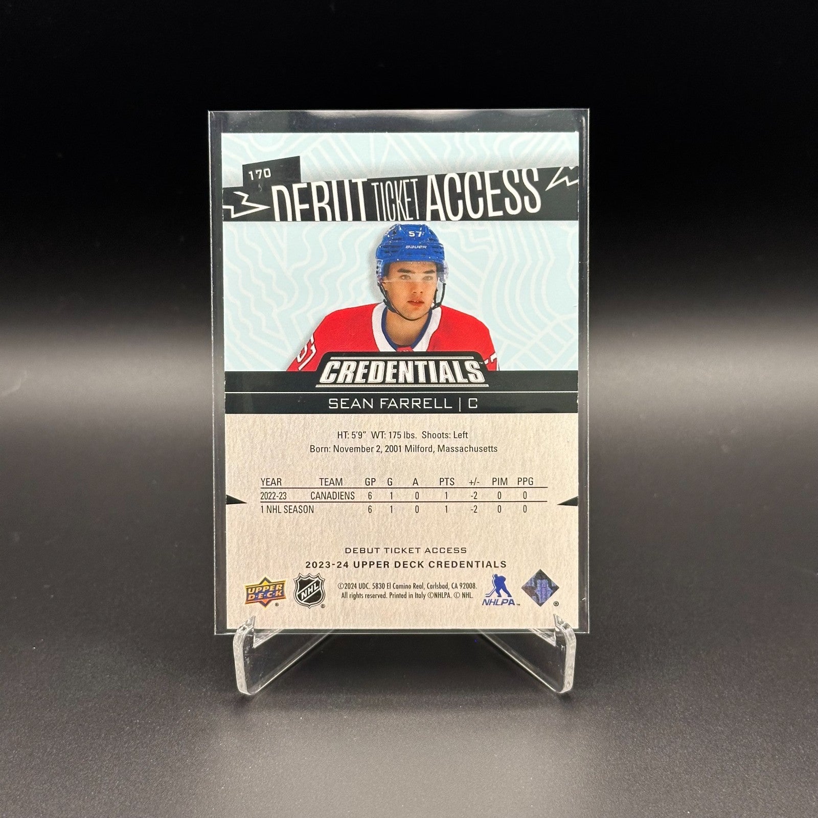 2023-24 UD Credentials SEAN FARRELL #170 Debut Ticket Access /799 RC