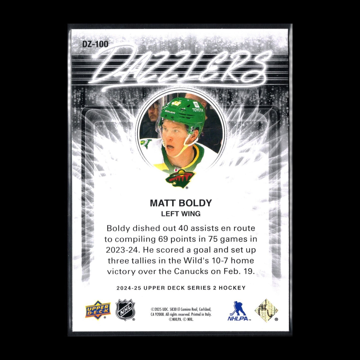 2024-25 UD Series 2 MATT BOLDY #DZ-100 Dazzlers Blue - Minnesota Wild