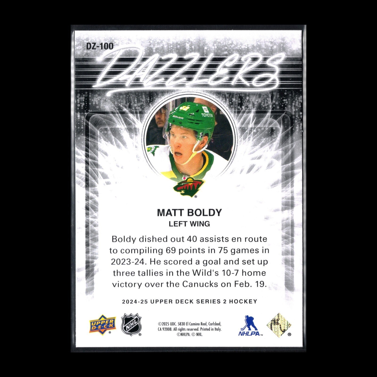 2024-25 UD Series 2 MATT BOLDY #DZ-100 Dazzlers Blue - Minnesota Wild